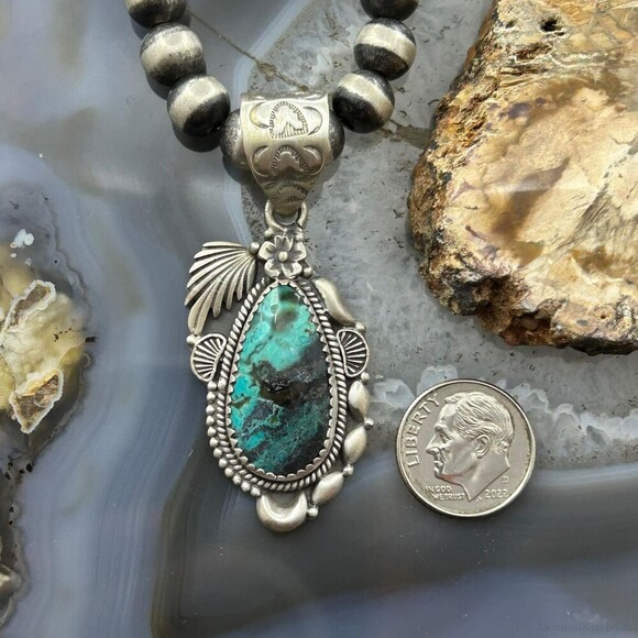 Sterling Southwestern Style Teardrop Turquoise Decorated Pendant For Women - Picture 8 of 10